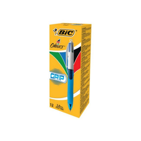 BIC 4 Colours Grip - Penna a sfera a 4 colori - nero, rosso, blu, verde - 1 mm - medio - retrattile (pacchetto di 12)