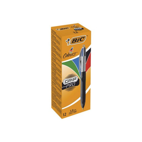 BIC 4 Colours Grip Pro - Penna a sfera a 4 colori - nero, rosso, blu, verde - 1 mm - medio - retrattile (pacchetto di 12)