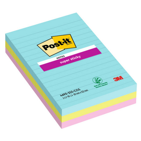 Blocco Post it  Super Sticky - 4690-SS3COS - a righe - 101 x 152 mm - colori Cosmic - 90 fogli - Post it  - conf. 3 pezzi