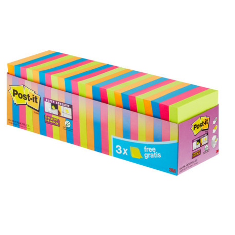 Blocco foglietti Post-it Super Sticky - 654-SS-VP24COL - 76 x 76 mm - colori assortiti - 90 fogli - Post-it - conf. 24 blocchi
