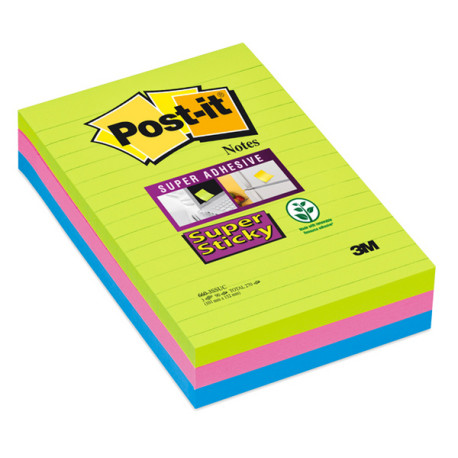 Blocco foglietti Post-it Super Sticky rettangolari - 660-3SSUC - a righe - 101 x 152 mm - colori Ultra - 90 fogli - Post-it
