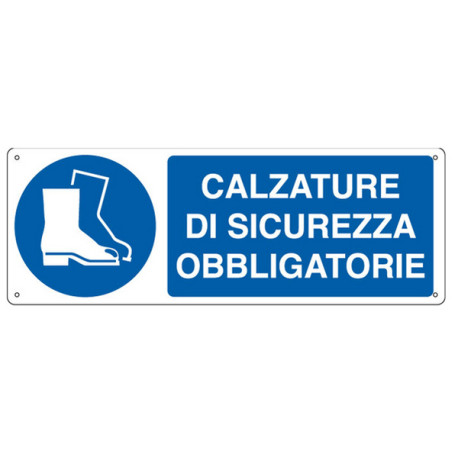 Cartello segnalatore - 35x12,5 cm - CALZATURE DI SICUREZZA OBBLIGATORIE - alluminio - Cartelli Segnalatori