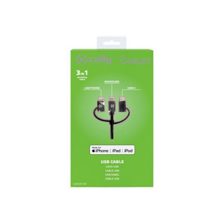 Celly - Cavo USB - USB (M) a Micro-USB Tipo B, Lightning, USB-C (M) - 2.4 A - 1 m - nero