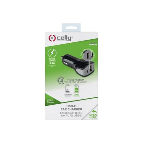 Celly CCTYPECUSBBK - Adattatore alimentazione per auto - 3.4 A - 2 connettori di uscita (USB, USB-C) - nero