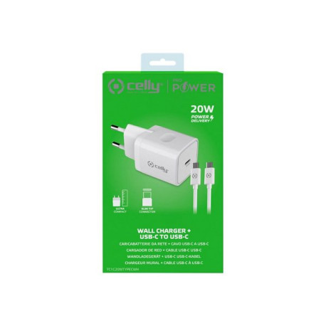 Celly ProPower Wall charger - Alimentatore - 20 Watt - PD (USB-C) - sul cavo: USB-C - bianco - Europa