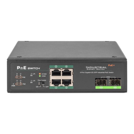 DIGITUS DN-651109 - Switch - unmanaged - 4 x 10/100/1000 (PoE+) + 2 x Gigabit SFP (uplink) - montabile su rail DIN - PoE+ - DC 