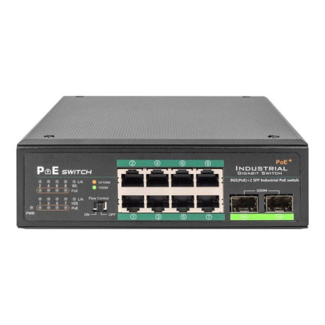 DIGITUS DN-651110 - Switch - unmanaged - 8 x 10/100/1000 (PoE+) + 2 x Gigabit SFP (uplink) - montabile su rail DIN - PoE+ - DC 