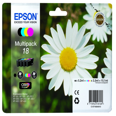 Epson - Multipack Cartuccia ink - 18 - C/M/Y/K - C13T18064012 - C/M/Y 3,3ml cad - K 5,2ml