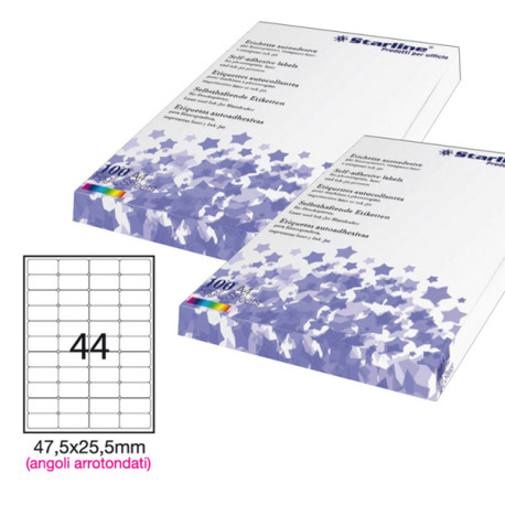 Etichette adesive - in carta - angoli arrotondati - permanenti - 47,5 x 25,5 mm - 44 et/fg - 100 fogli - bianco - Starline