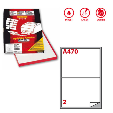 Etichette adesive A/470 - in carta - angoli arrotondati - permanenti - 199,6 x 143,5 mm - 2 et/fg - 100 fogli - bianco - Markin