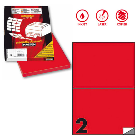 Etichette adesive C/509 - in carta - permanenti - 210 x 148,5 mm - 2 et/fg - 100 fogli - rosso fluo - Markin