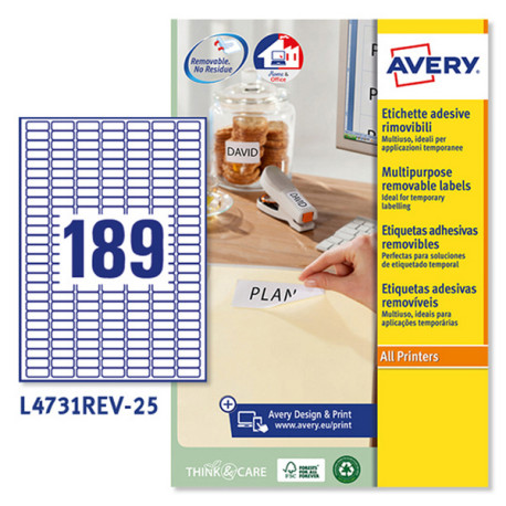 Etichette adesive L4731REV - in carta - angoli arrotondati - rimovibili - 25,4 x 10 mm - 189 et/fg - 25 fogli - bianco - Avery