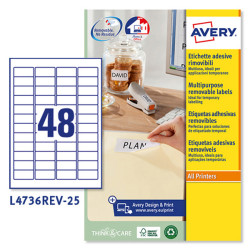 Etichette adesive L4736REV - in carta - angoli arrotondati - rimovibili - 45,7 x 21,2 mm - 48 et/fg - 25 fogli - bianco - Avery