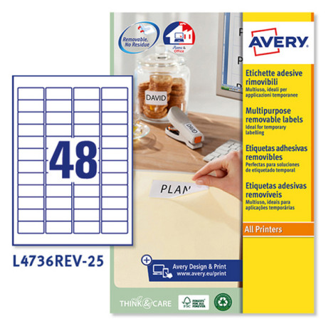 Etichette adesive L4736REV - in carta - angoli arrotondati - rimovibili - 45,7 x 21,2 mm - 48 et/fg - 25 fogli - bianco - Avery