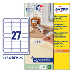 Etichette adesive L4737REV - in carta - angoli arrotondati - rimovibili - 63,5 x 29,6 mm - 27 et/fg - 25 fogli - bianco - Avery