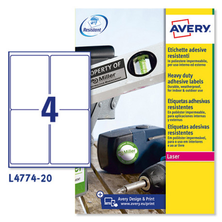 Etichette adesive L4774 - in poliestere - laser - permanenti - 99,1 x 139 mm - 4 et/fg - 20 fogli - bianco - Avery