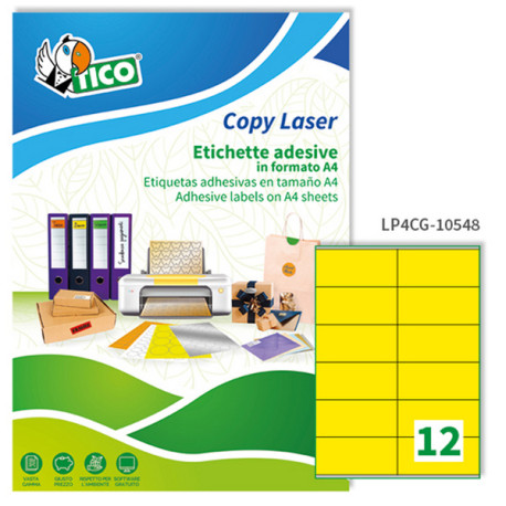 Etichette adesive LP4C - in carta - laser - permanenti - 105 x 48 mm - 12 et/fg - 70 fogli - giallo opaco - Tico