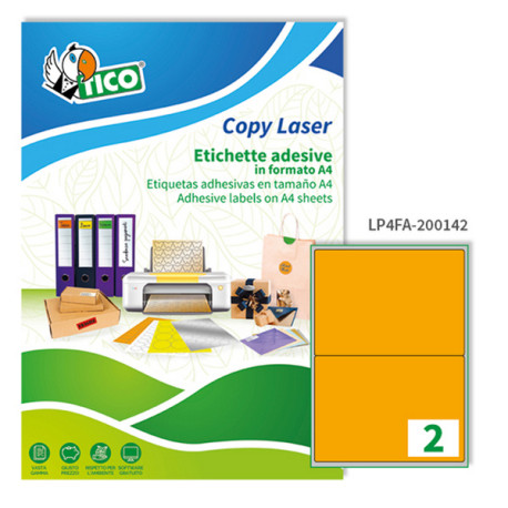 Etichette adesive LP4F - in carta - angoli arrotondati - laser - permanenti - 200 x 142 mm - 2 et/fg - 70 fogli - arancio fluo 