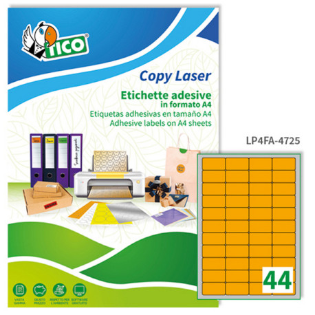 Etichette adesive LP4F - in carta - angoli arrotondati - permanenti - 47,5 x 25,5 mm - 44 et/fg - 70 fogli - arancio fluo - Tic