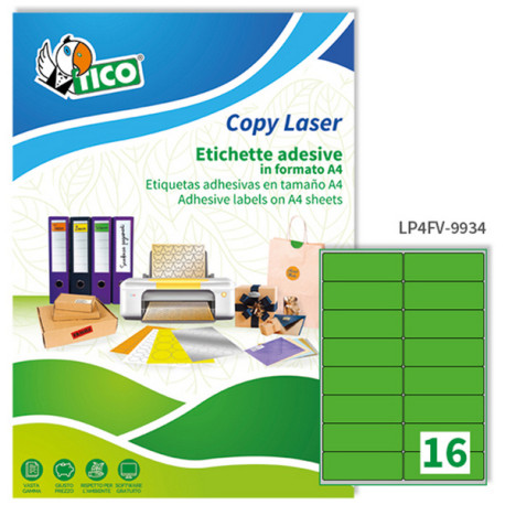 Etichette adesive LP4F - in carta - angoli arrotondati - permanenti - 99,1 x 34 mm - 16 et/fg - 70 fogli - verde fluo - Tico