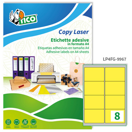 Etichette adesive LP4F - in carta - angoli arrotondati - permanenti - 99,1 x 67,7 mm - 8 et/fg - 70 fogli - giallo fluo - Tico