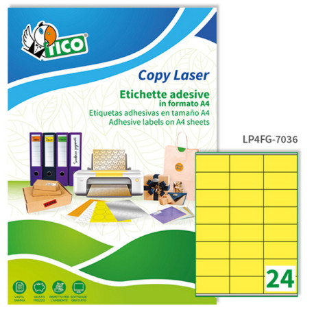 Etichette adesive LP4F - in carta - con margini - permanenti - 70 x 36 mm - 24 et/fg - 70 fogli - giallo fluo - Tico