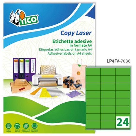 Etichette adesive LP4F - in carta - con margini - permanenti - 70 x 36 mm - 24 et/fg - 70 fogli - verde fluo - Tico