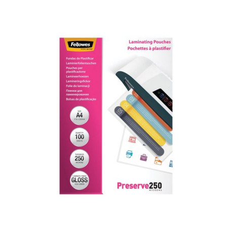 Fellowes Laminating Pouches Preserve 250 Micron - 250 micron - confezione da 100 - brillante - trasparente - A4 (210 x 297 mm) 