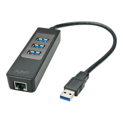 Lindy USB 3.1 Hub & Gigabit Ethernet Adapter - Scheda di rete / USB - USB 3.1 Gen 1 - Gigabit Ethernet x 1 + USB 3.1 x 3 - nero