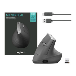 Logitech MX Vertical - Mouse verticale - ergonomico - ottica - 6 pulsanti - senza fili, cablato - Bluetooth, 2.4 GHz - ricevito