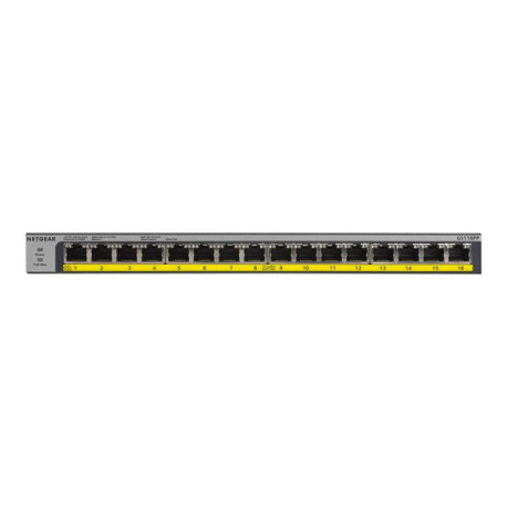 NETGEAR GS116LP - Switch - 16 x 10/100/1000 (PoE+) - desktop, montabile su rack, montaggio a parete - PoE+ (76 W) - alimentazio