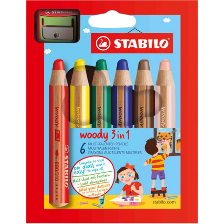 Pastelli Woody 3 in 1 - diametro mina 10 mm - con temperino - Stabilo - astuccio 6 pezzi