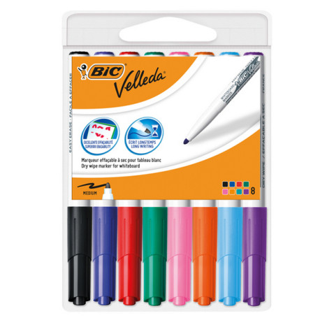 Pennarello Whiteboard Marker Velleda 1741 - punta tonda 1,4 mm - colori assortiti - Bic - astuccio 8 pezzi