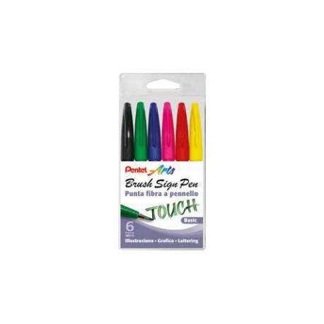 Pentel Arts Basic - Penna con punta a pennello - colori assortiti (pacchetto di 6)