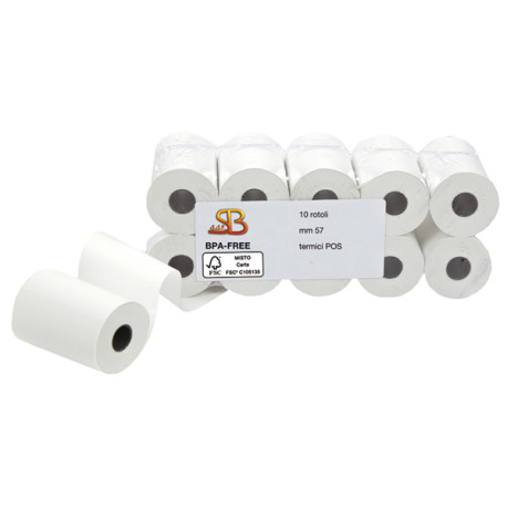 Rotolo per POS e carte di credito - 57 mm x 20 m - diametro esterno 40 mm - anima 12 mm - 55 gr - carta termica BPA free - Saba