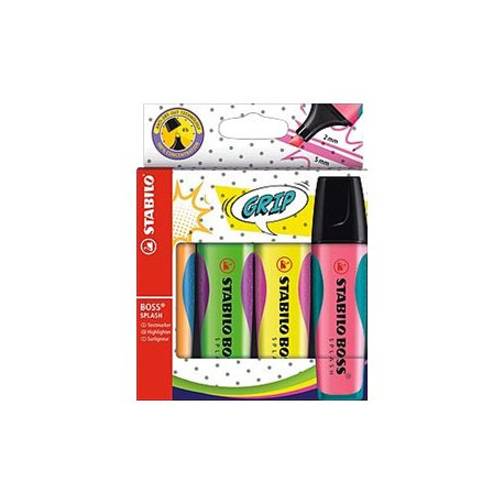 STABILO BOSS Splash - Evidenziatore - verde, giallo, arancione, rosa - inchiostro base acqua - 2-5 mm (pacchetto di 4)