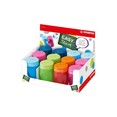 STABILO EASY Start - Temperino con contenitore - 12 pezzi - 3 fori - blu, verde, arancione, rosa, petrolio