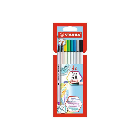 STABILO Pen 68 - Penna con punta a pennello - colori assortiti - inchiostro base acqua - sottile-ampio (pacchetto di 8)