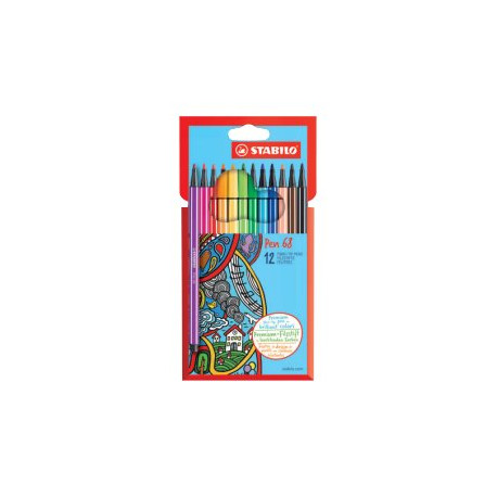 STABILO Pen 68 - Penna punta in fibra - colori assortiti - inchiostro base acqua - 1 mm - medio (pacchetto di 12)