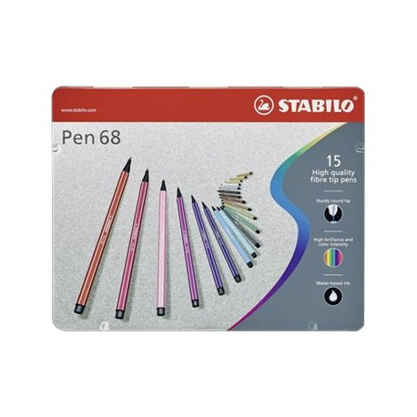 STABILO Pen 68 - Penna punta in fibra - colori assortiti - inchiostro base acqua - 1 mm - medio (pacchetto di 15)