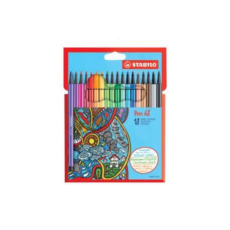 STABILO Pen 68 - Penna punta in fibra - colori assortiti - inchiostro base acqua - 1 mm - medio (pacchetto di 18)