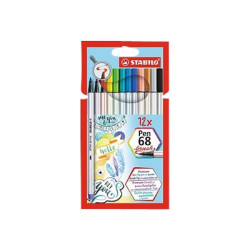 STABILO Pen 68 Brush - Penna punta in fibra - colori assortiti - inchiostro base acqua (pacchetto di 12)