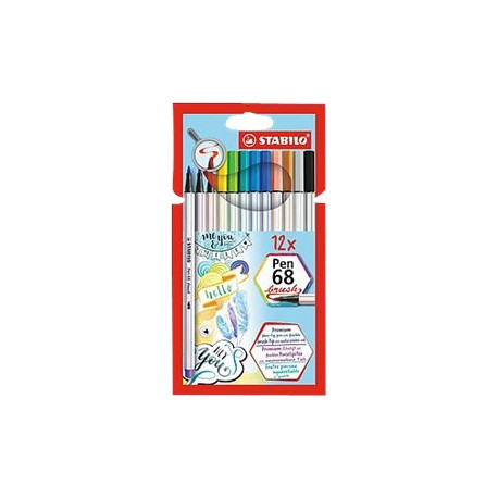 STABILO Pen 68 Brush - Penna punta in fibra - colori assortiti - inchiostro base acqua (pacchetto di 12)