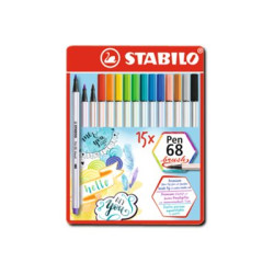 STABILO Pen 68 Brush - Penna punta in fibra - colori assortiti - inchiostro base acqua (pacchetto di 15)