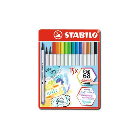 STABILO Pen 68 Brush - Penna punta in fibra - colori assortiti - inchiostro base acqua (pacchetto di 15)