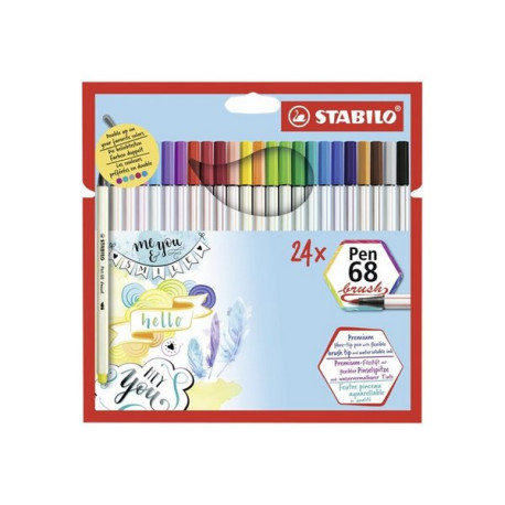 STABILO Pen 68 Brush - Penna punta in fibra - colori assortiti - inchiostro base acqua (pacchetto di 24)