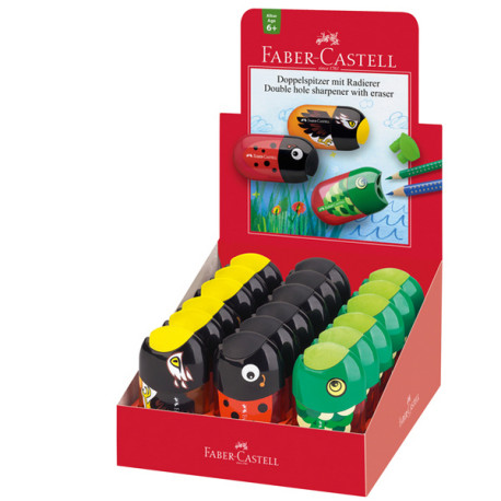 Temperamatite Animals con contenitore - 2 fori - con serbatoio e gomma assortiti - Faber Castell