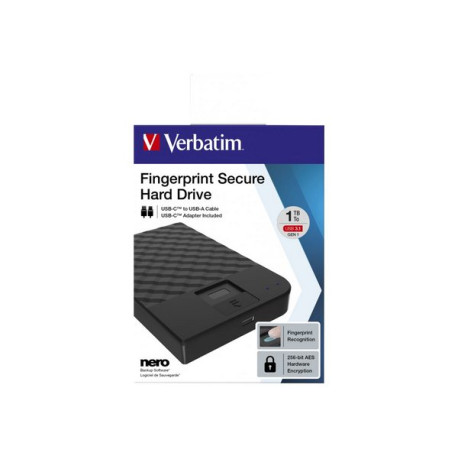 Verbatim Fingerprint Secure - HDD - crittografato - 1 TB - esterno (portatile) - USB 3.1 Gen 1 (USB-C connettore) - 256 bit AES