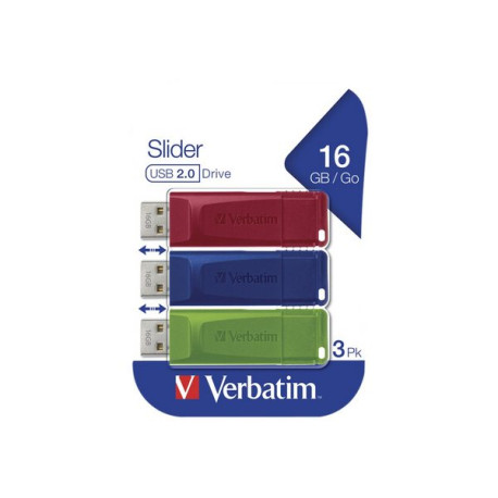 Verbatim Slider - Chiavetta USB - 16 GB - USB 2.0 - blu, rosso, verde (pacchetto di 3)