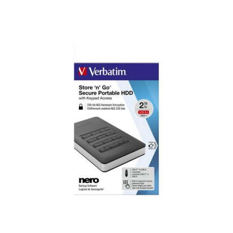 Verbatim Store 'n' Go Secure Portable HDD with Keypad Access - HDD - crittografato - 2 TB - esterno (portatile) - USB 3.1 Gen 1